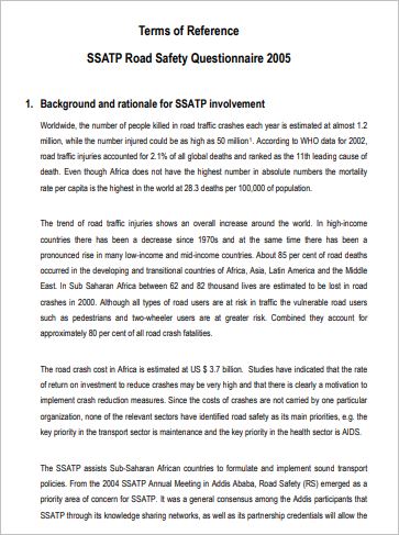 Terms of Reference - SSATP Road Safety Questionnaire 2005