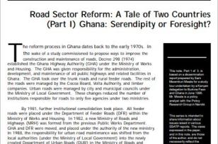 Road Sector Reform: A Tale of Two Countriea,Part 1 Ghana- Serendipity of Foresight?