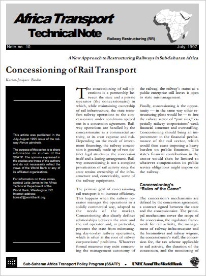 Concessioning of Rail Transport -- A New Approach to Restructuring Railways in Sub-Saharan Africa