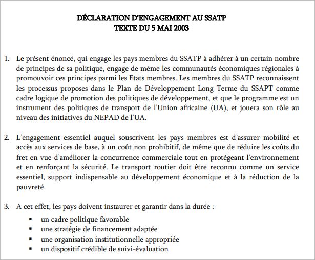 Déclaration d’engagement au SSATP - Mai 2003