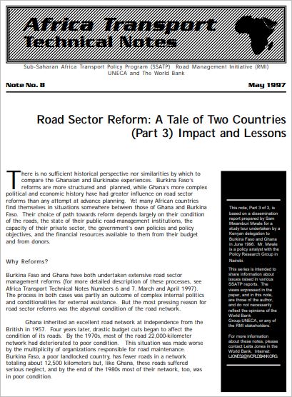 Road Sector Reform: A Tale of Two Countries -- (Part 3) Impact and Lessons